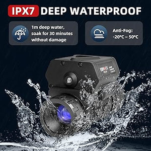 LED light with water splashes and IPX7 waterproof certification text of the best digital night vision goggles on a dark background