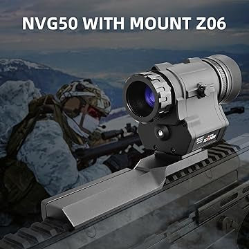 NVG50 night vision goggles with Mount Z06 on a rifle, with a soldier in the background. 