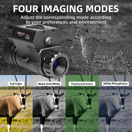 Infrared imaging device with cheetah and antelope images showing different imaging modes. This digital night vision goggles has four imaging modes, adjust the corresponding mode according to your preferences and environment. Full color, black and white, fluorescent green, white phosphorus.