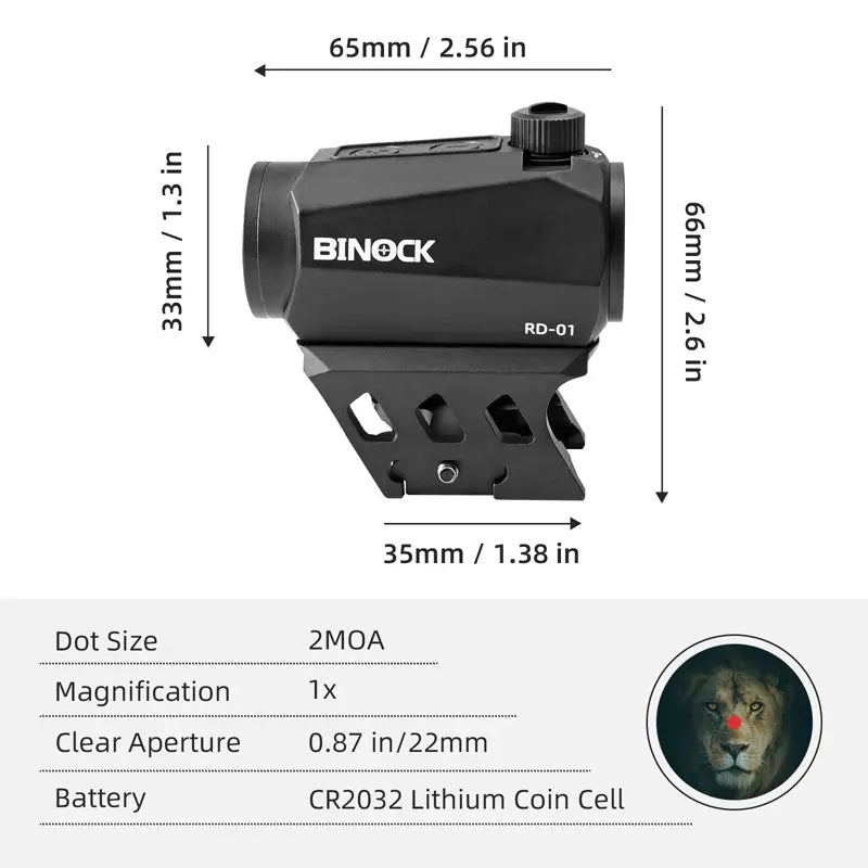 BINOCK RD-01 sight with dimensions and specifications on a white background