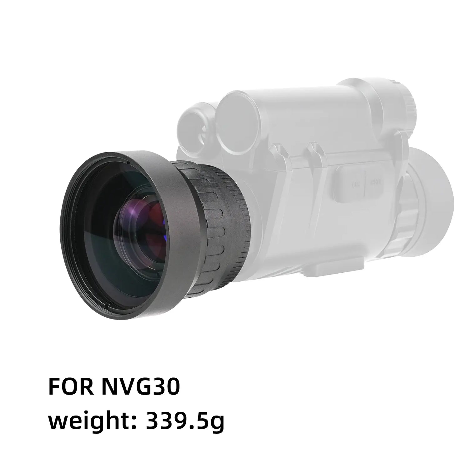 Monocular device for NVG30 with lens and weight information on a white background