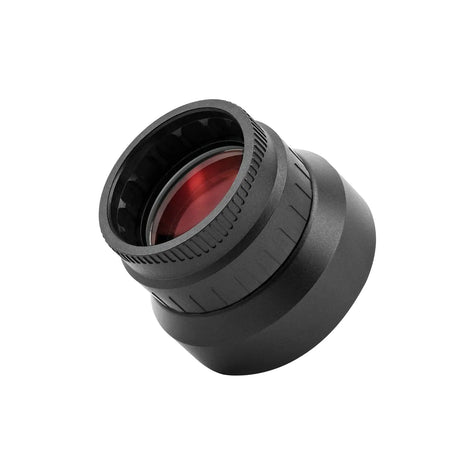 Black camera lens on a white background